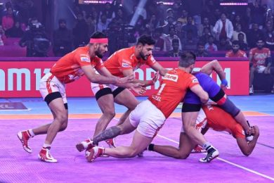 Kabaddi Meetu Sharma of Dabang Delhi is in action during the Pro Kabaddi League season-10 match between Dabang Delhi and Gujarat Giants at the SMS Indoor Stadium in Jaipur, Rajasthan, India, on January 17, 2024. (Photo by Vishal Bhatnagar/NurPhoto via Getty Images)